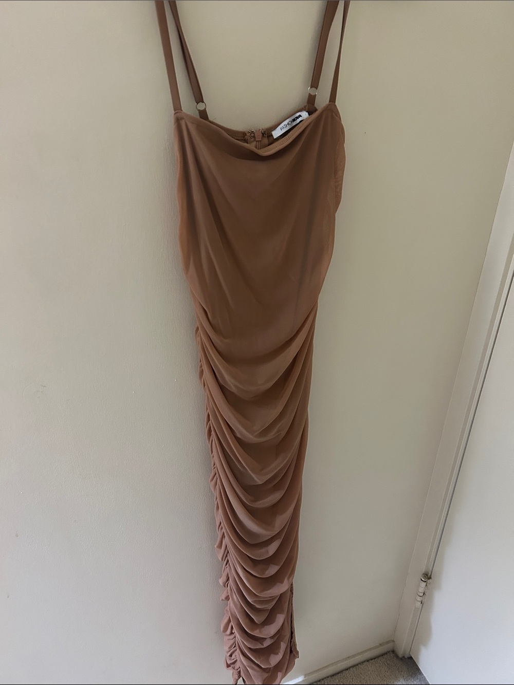 Fashion Nova Camel Ruched Slip Maxi Dress